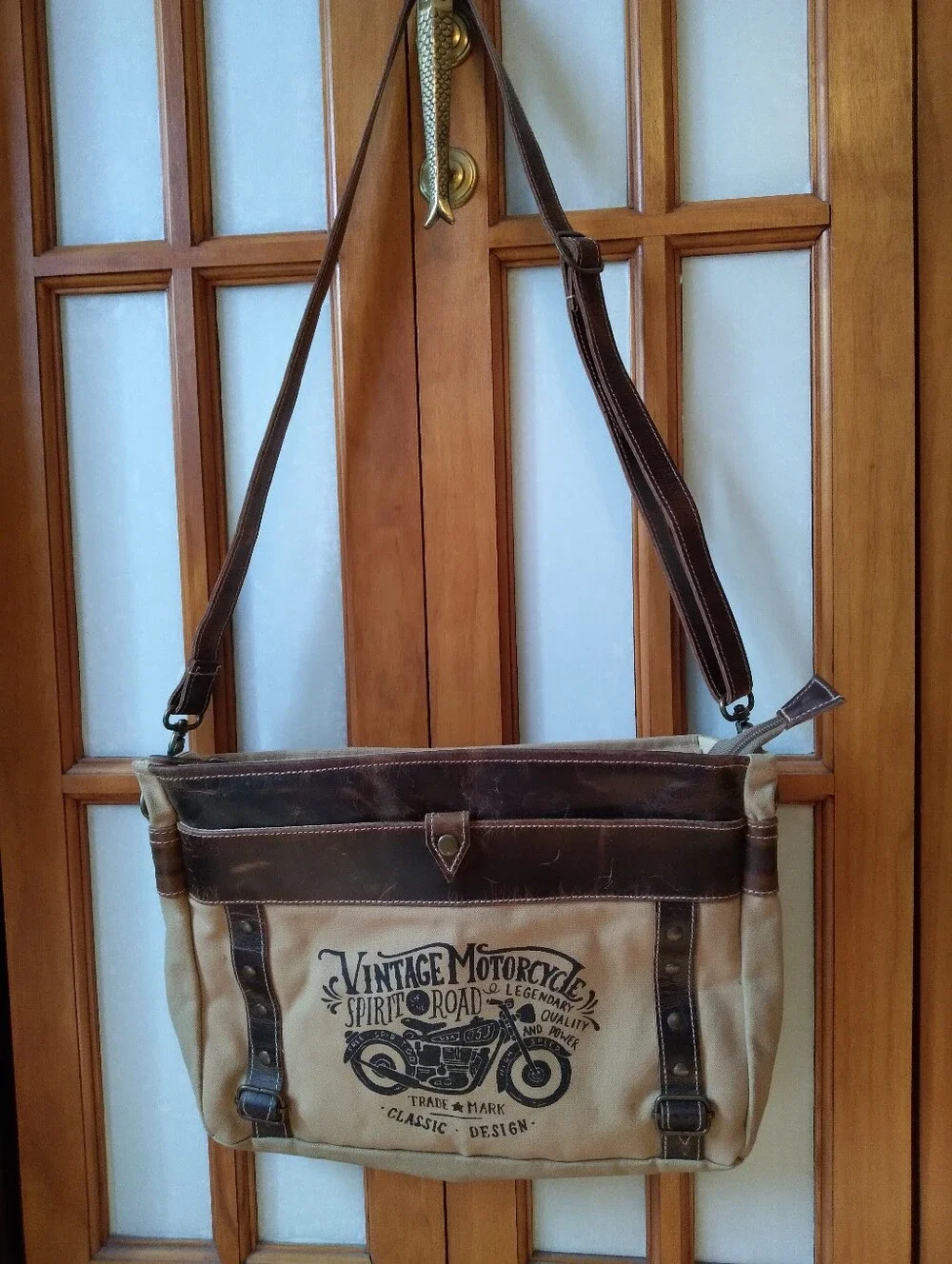 New Motorcycle Messenger TanCanvas & Faux DarkBrown Leather Trim Bag By Sixtease